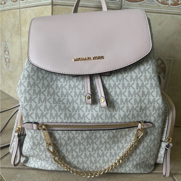 MICHAEL Michael Kors Handbags - MICHAEL Michael Kors Pink and Cream Backpack with Signature MK Pattern
